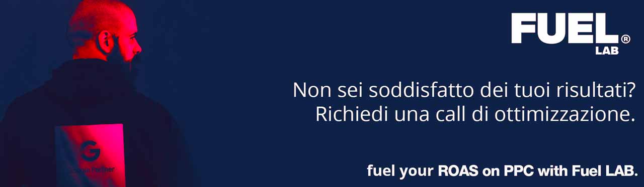 banner che mostra Pietro Mingotti di Fuel LAB sullo sfondo e propone una consulenza ppc