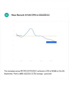 grafico che mostra un cambio di tend nel CPA di Opteo